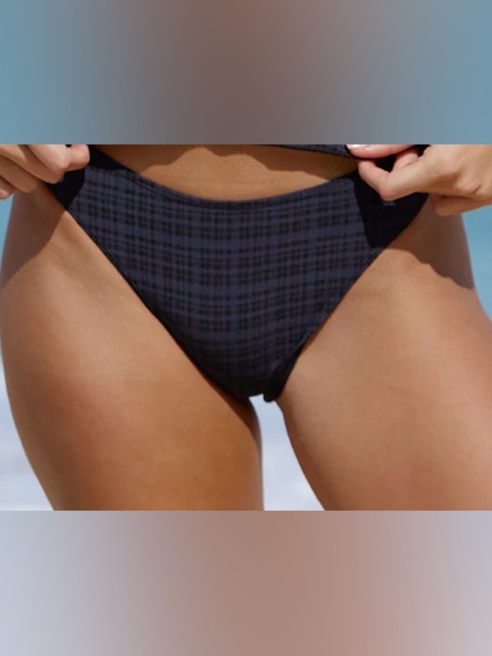 High-Waist Plaid Bikini Bottom - Black/Navy